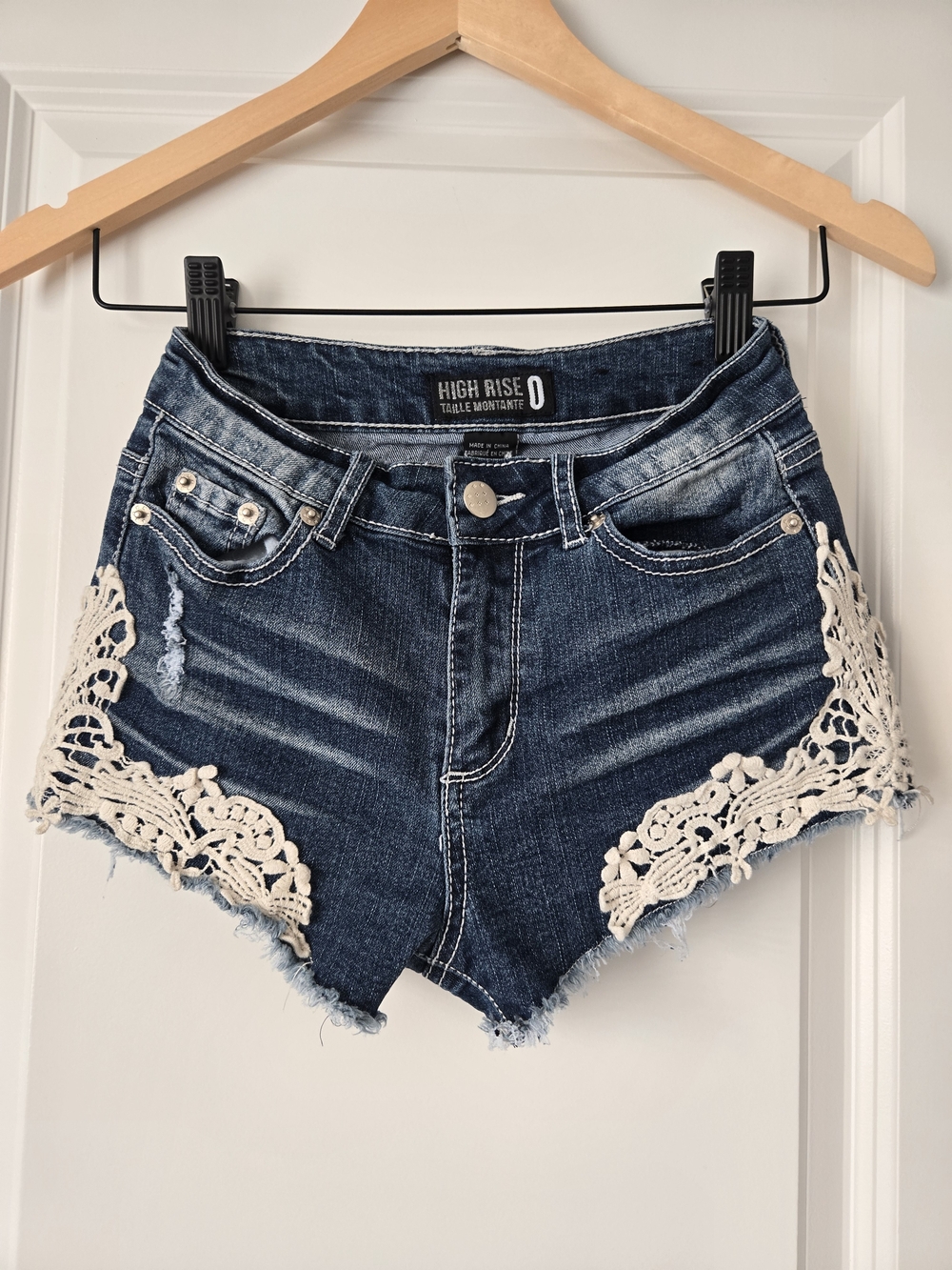 High Rise Dark Blue Denim Shorts with Cream Crochet Trim. Size 0